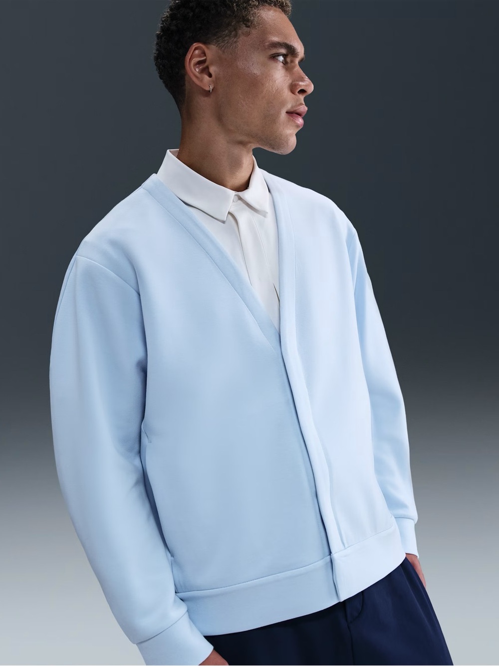 Men's Light Blue V-Neck Bomber Jacket